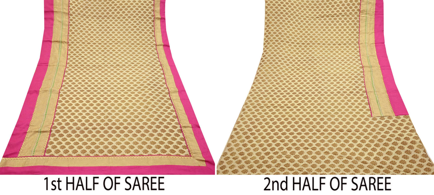 Indian Vintage Saree Beige Hand Woven Pure Silk Sari Craft Fabric 5Yd Ethnic Floral Golden Zari Dress making For Crafting Quilting