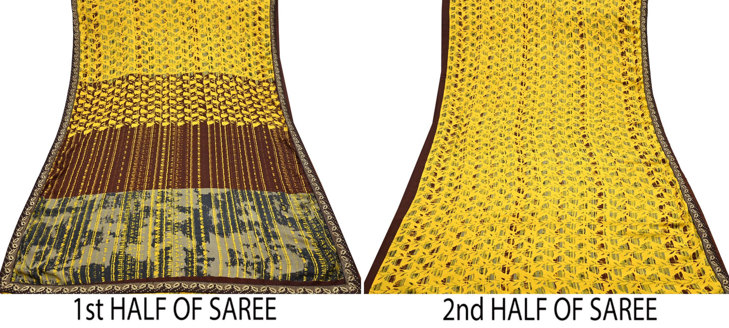 Indian Vintage Sari Yellow & Brown Moss Crepe Printed Sarees 6yd Craft Fabric Sewing abstract Soft Dress making Quilting Crafting Upcycle