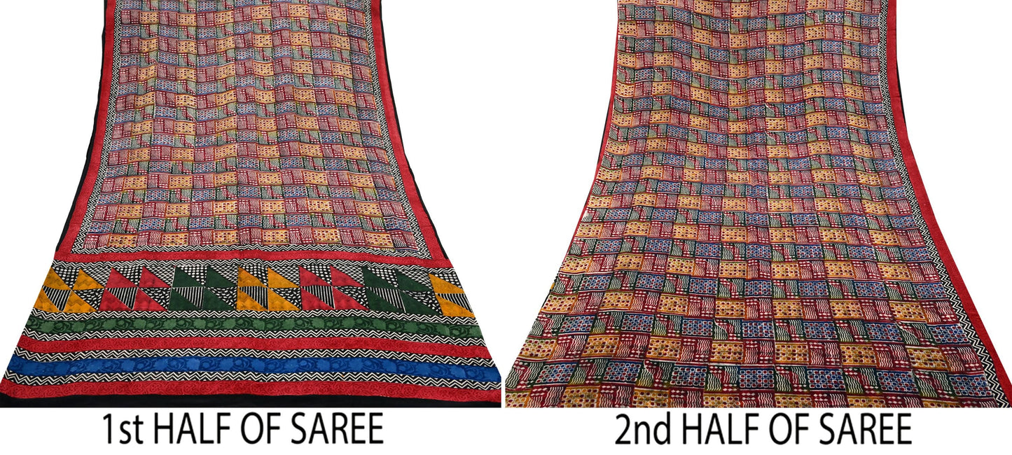 Indian Vintage Sari Multi Pure Crepe Silk Printed Saree 5yard Sewing Ethnic Wrap Craft Fabric Dressmaking Crafting Upcycle Quilting