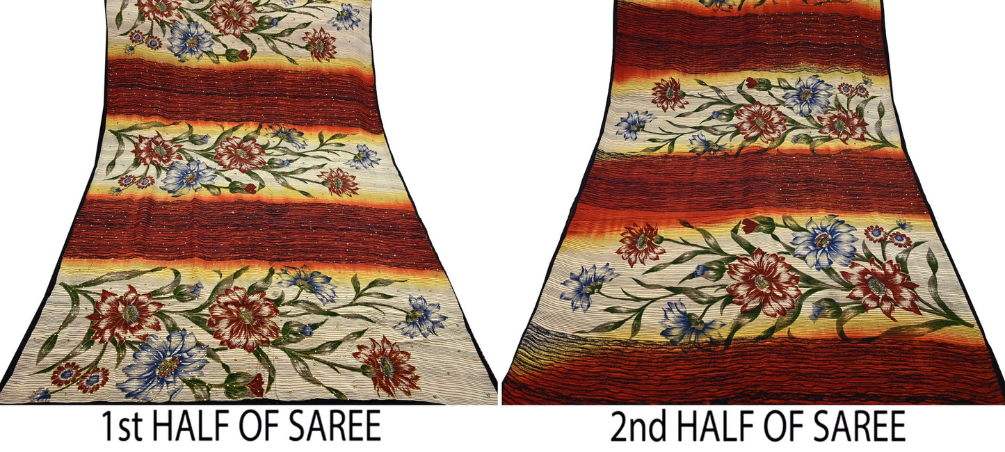 Indian Vintage Sari Multi Pure Crepe Silk Hand Embroidered Saree 5yd Craft Fabric Sewing Paisley Sequins Dress Making Crafting Quilting