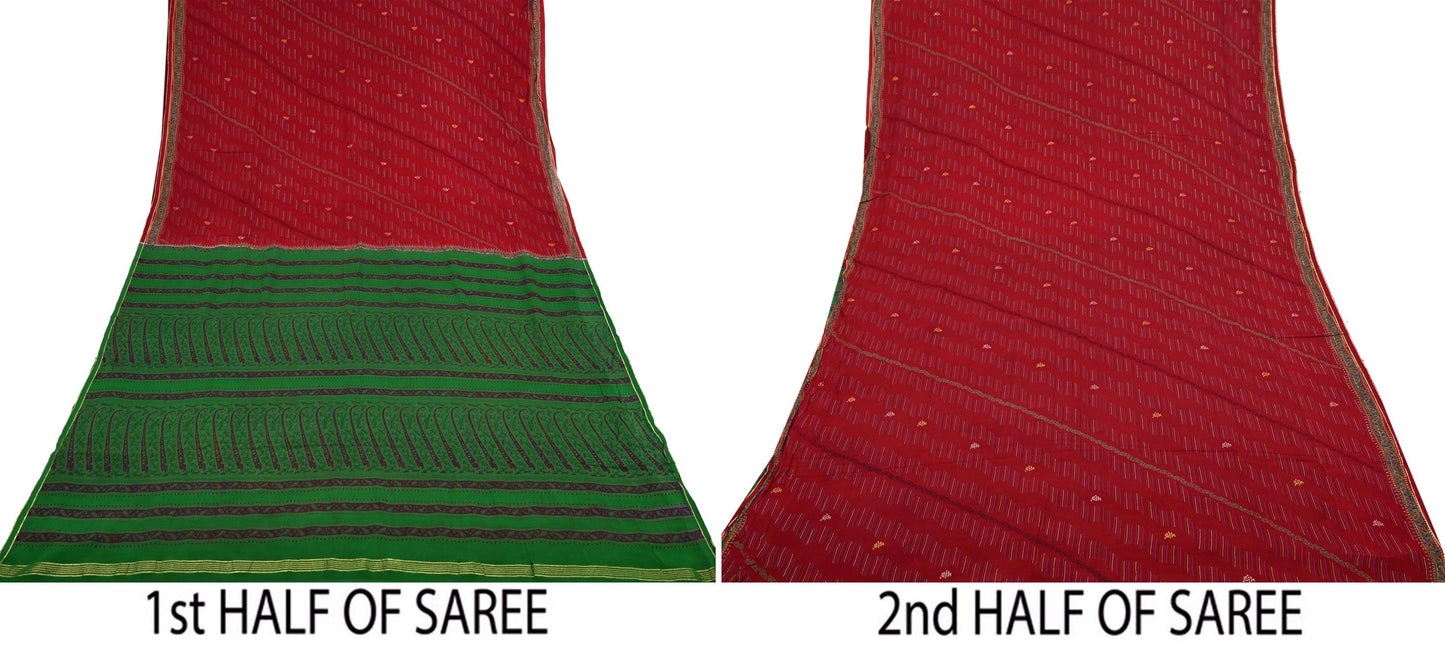 Indian Vintage Saree Pure Silk Sari Fabric: Red & Green Floral Print, 5-Yard Sewing Material Crafting Upcycle Quilting
