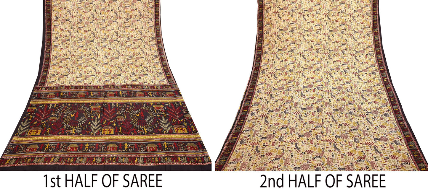 Indian Vintage Sari Beige & Black Pure Silk Warli Printed Saree Craft Fabric 5Yd Dress making Sewing Dress making For Crafting Quilting