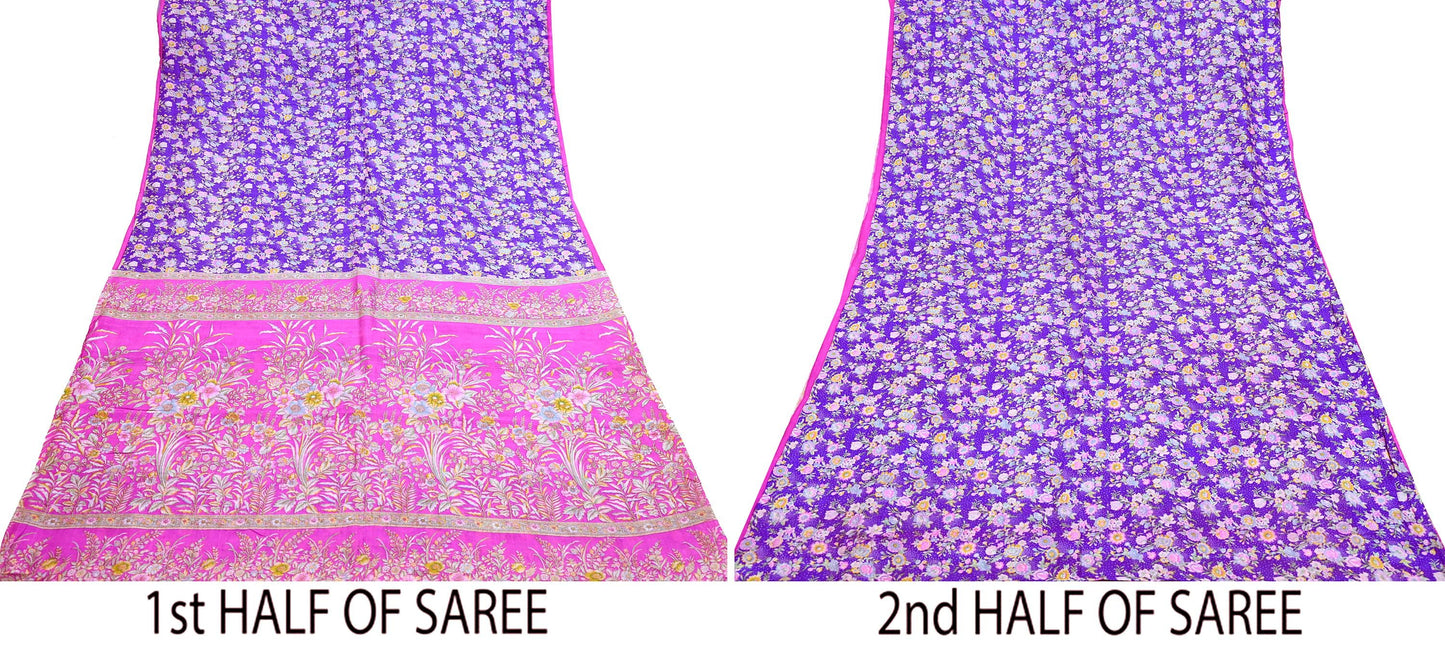 Indian Vintage Pure Silk Saree Fabric Purple & Pink Floral Print Silk 5 Yards Boho Textile for Sewing, Quilting Upcycling Crafts