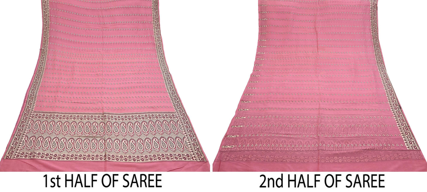 Indian Vintage Sari Pink Heavy Pure Silk Woven Banarasi Sarees 5yd Golden Zari Dress Making Craft Fabric Crafting Quilting Upcycle