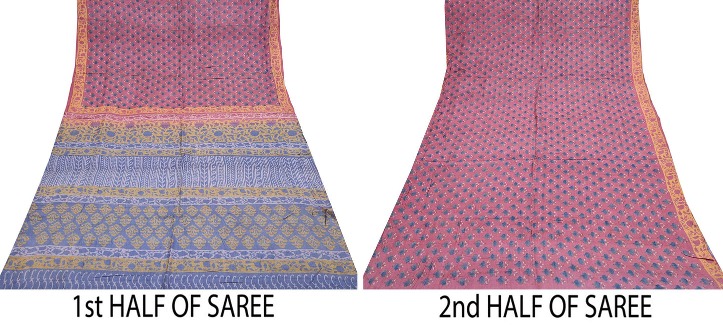 Indian Vintage Peach & Gray Saree Pure Khadi Silk Handloom Printed Sari Fabric 5yard Ethnic Wear Sari Floral