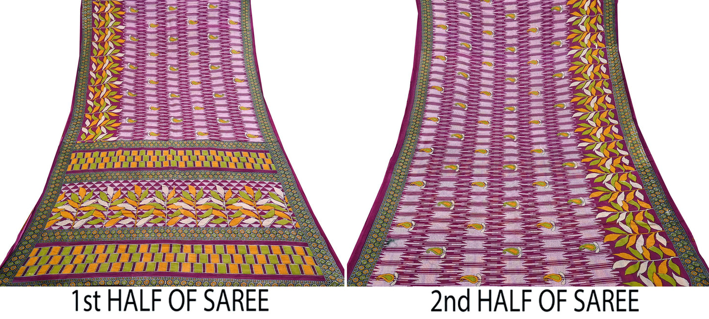 Vintage Printed Pure Cotton Saree 5 Yard Purple Green Yellow Fabric Indian Ethnic Block Print Textile for Sewing & Dressmaking