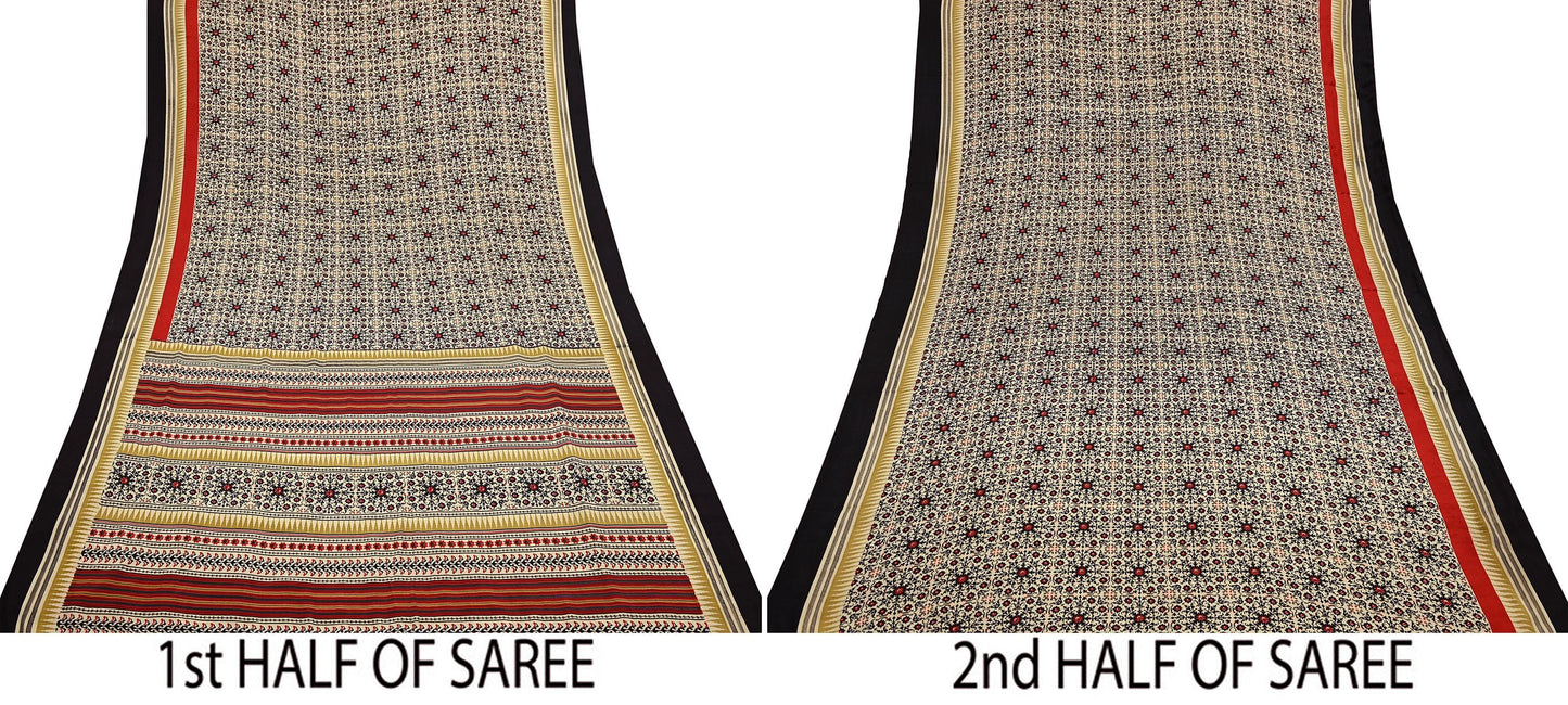 Vintage Beige Digital Printed Saree Floral Artificial Silk Fabric 5 Yards Indian Satin-Like Material for Dressmaking & Quilting Crafts