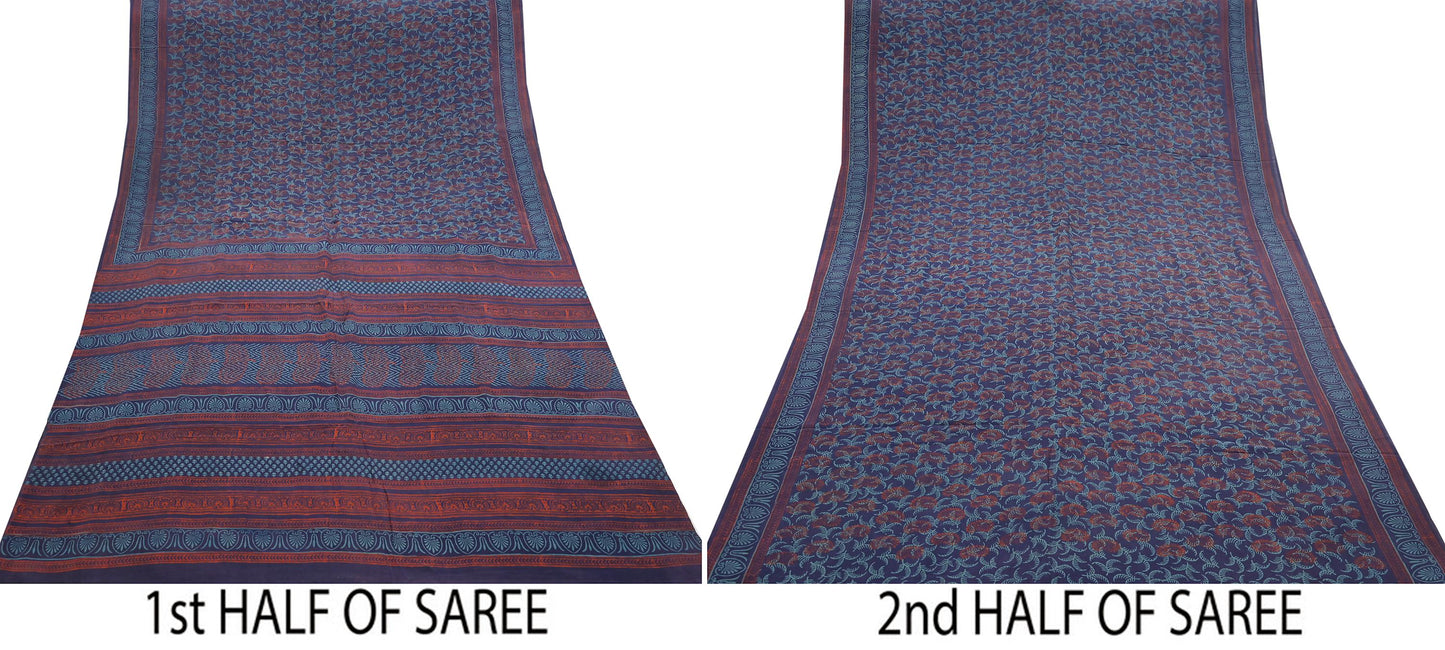 Vintage Blue Crepe Silk Saree Hand Block Printed Pure Silk Fabric 6 Yard Floral Indian Sari Soft Craft Quilting Dressmaking Material