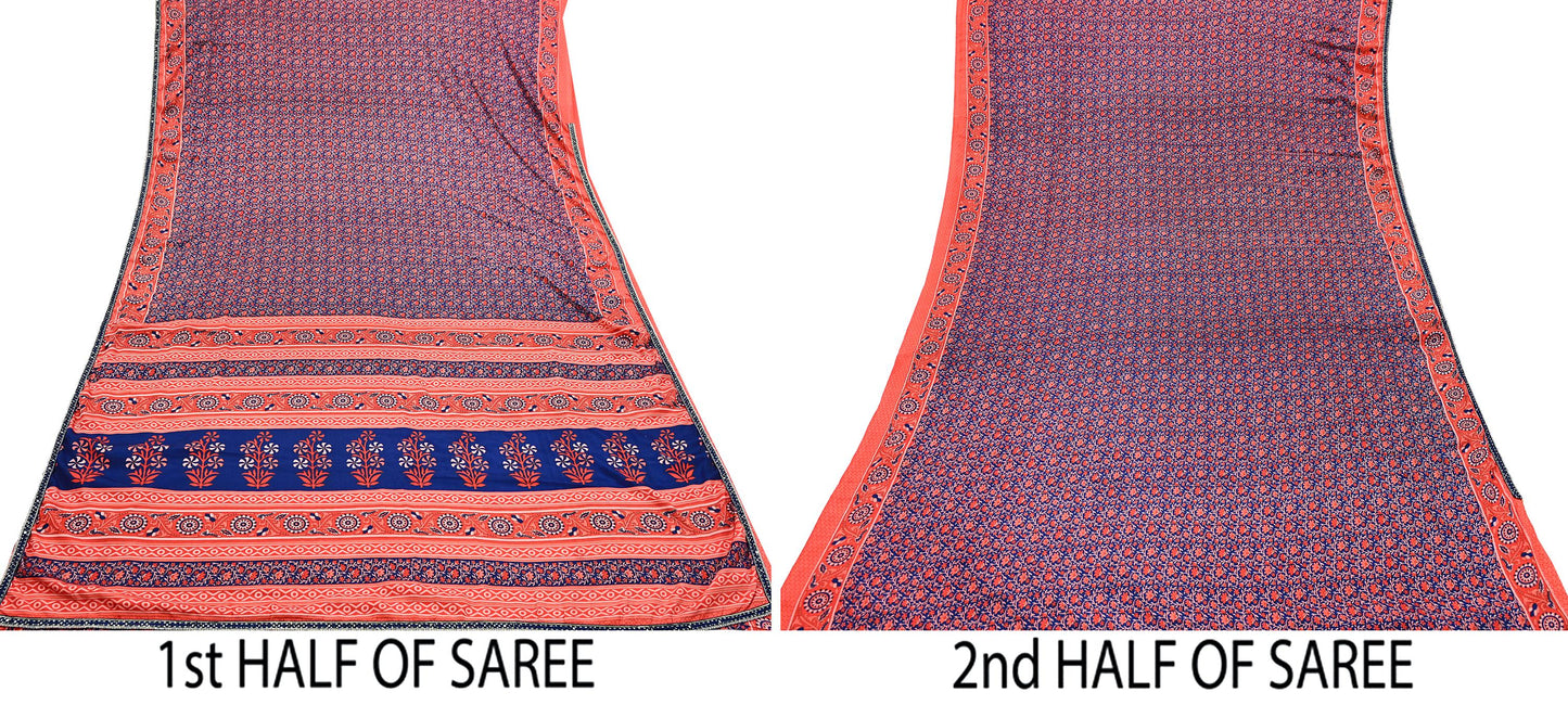 Indian Vintage Sari Peach & Blue Artificial silk Printed Sarees 5yd Craft Fabric Sewing Floral Soft Dress making Quilting Crafting Upcycle