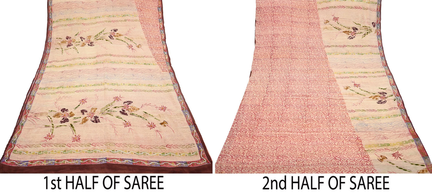 Indian Vintage Sari Brown & Beige Pure Crepe Silk Hand Embroidered Saree 5yd Sewing Floral Craft Sequins Dress making Crafting Quilting