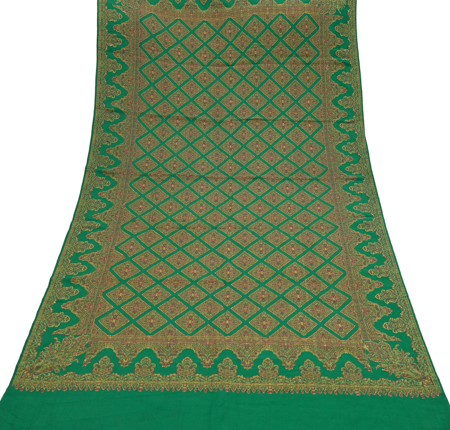 Indian Vintage Green Pure Woolen Shawl Handmade Woven Work Long Throw Stole Warm Paisley Design Soft