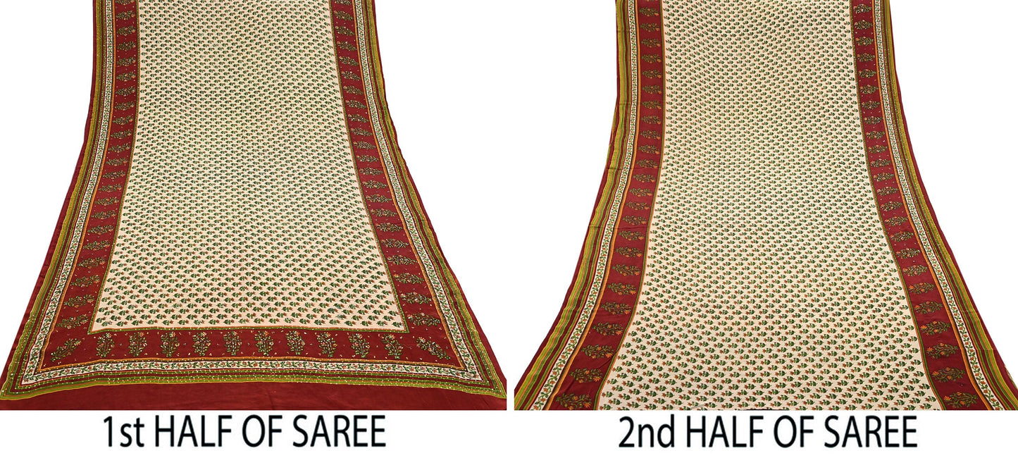 Vintage Beige Maroon Pure Crepe Silk Saree Hand Embroidered Floral Fabric 5Yds Indian Dressmaking, Quilting & Christmas Craft Material