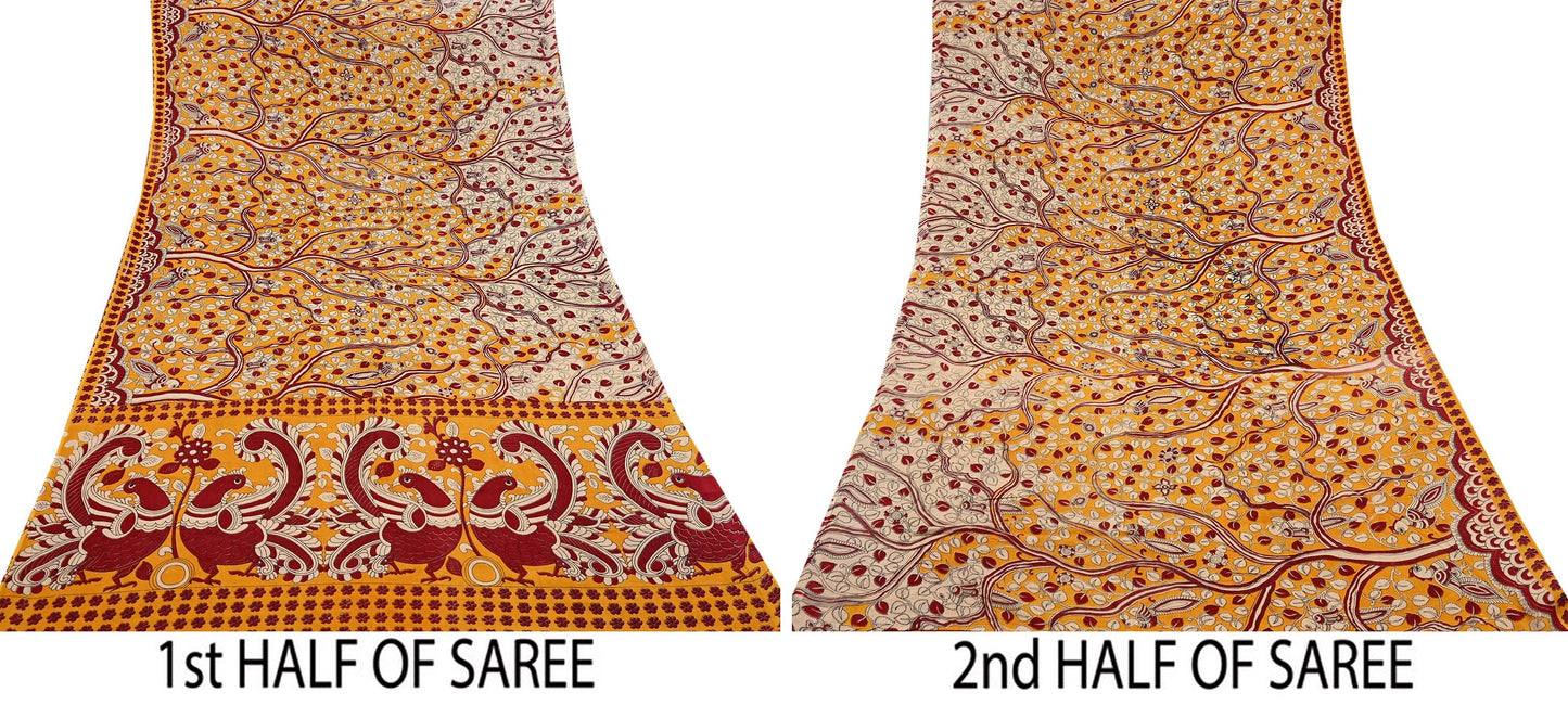 Indian Vintage Sari Yellow & Red Kalamkari Printed Pure Cotton Saree Fabric Soft Floral 5Yd Sarong Wrap Fabric Peacock
