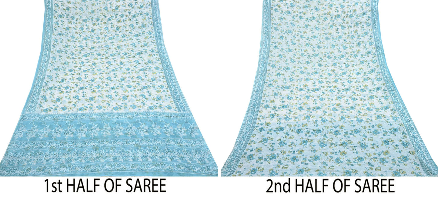 Indian Vintage Sari White & Blue Printed 100% Pure Cotton Sarees Craft Fabric 5Yd Sewing Sarong Wrap Boho Floral Quilting Crafting