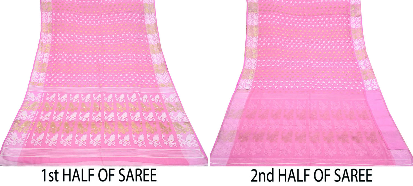 Indian Vintage Saree Pink Pure Cotton Hand Woven Jamdani Sari 5yd Ethnic Floral Craft Fabric Dress making Upcycle Crafting Quilting