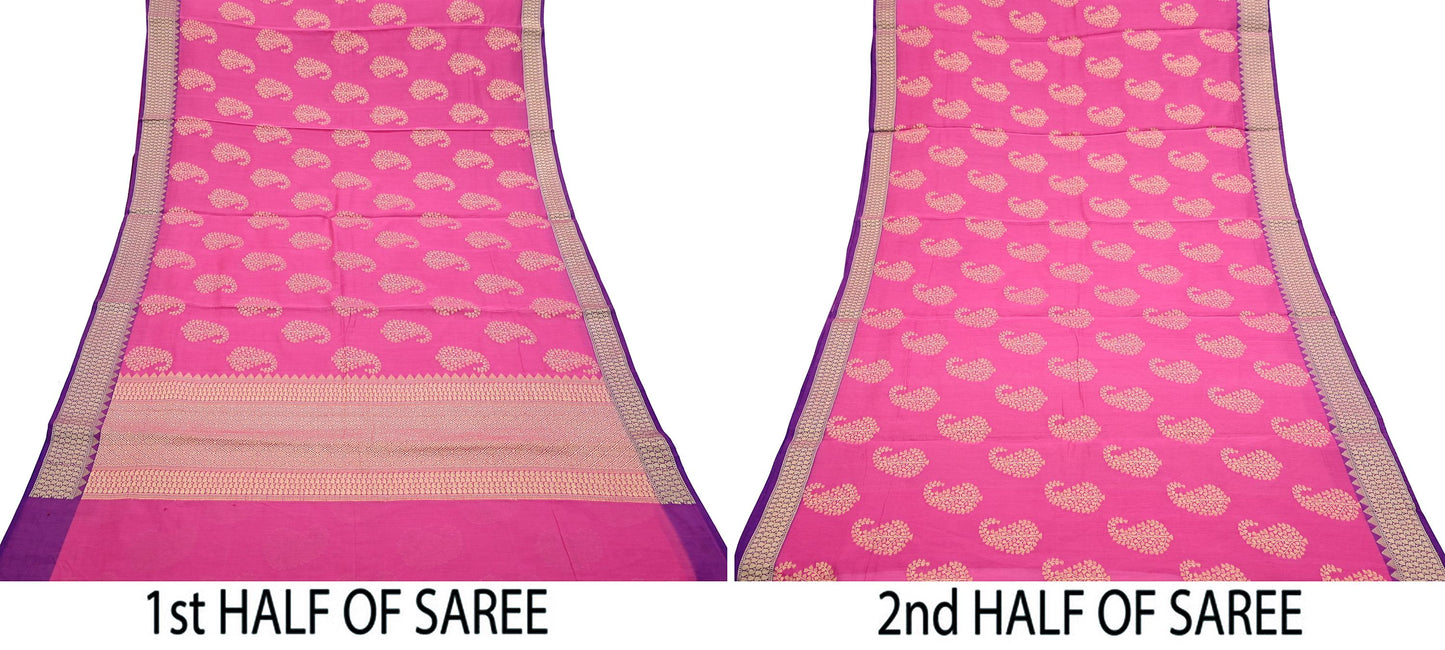 Indian Vintage Pink Cotton Saree Handwoven Floral Banarasi Border 5 Yard Soft Fabric Sewing Quilting Craft Dressmaking Material