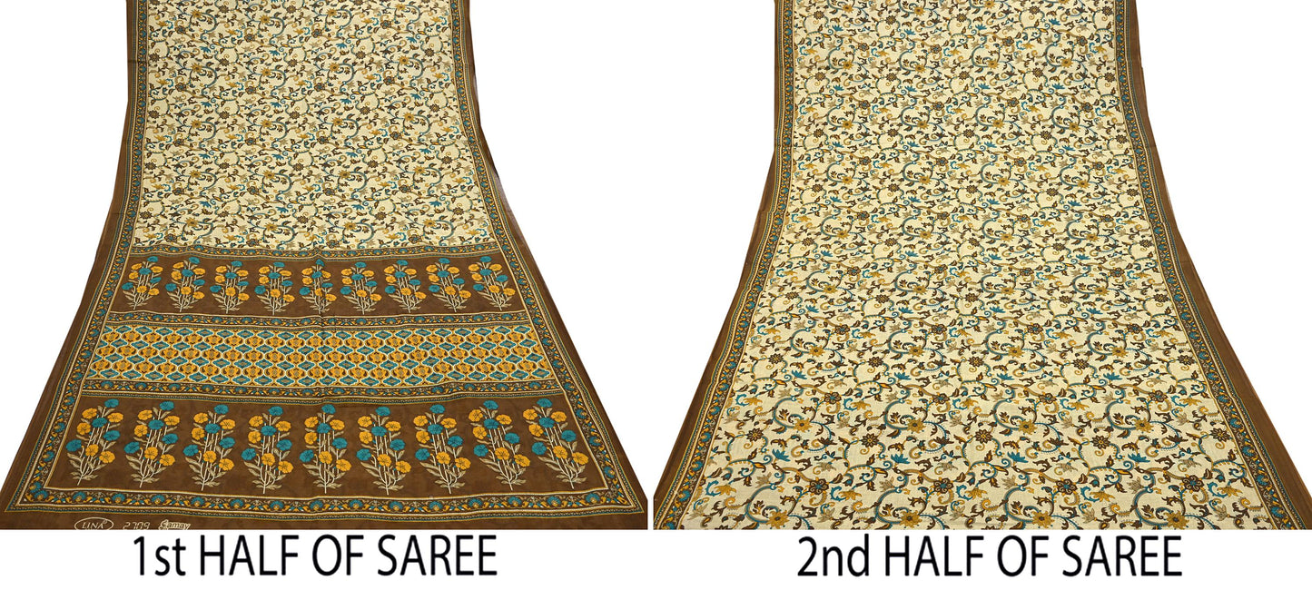 Indian Vintage Sari Beige & Brown Printed 100% Pure Cotton Saree Craft Fabric 5Yd Soft Sewing Sarong Wrap Boho Dress Making Quilting