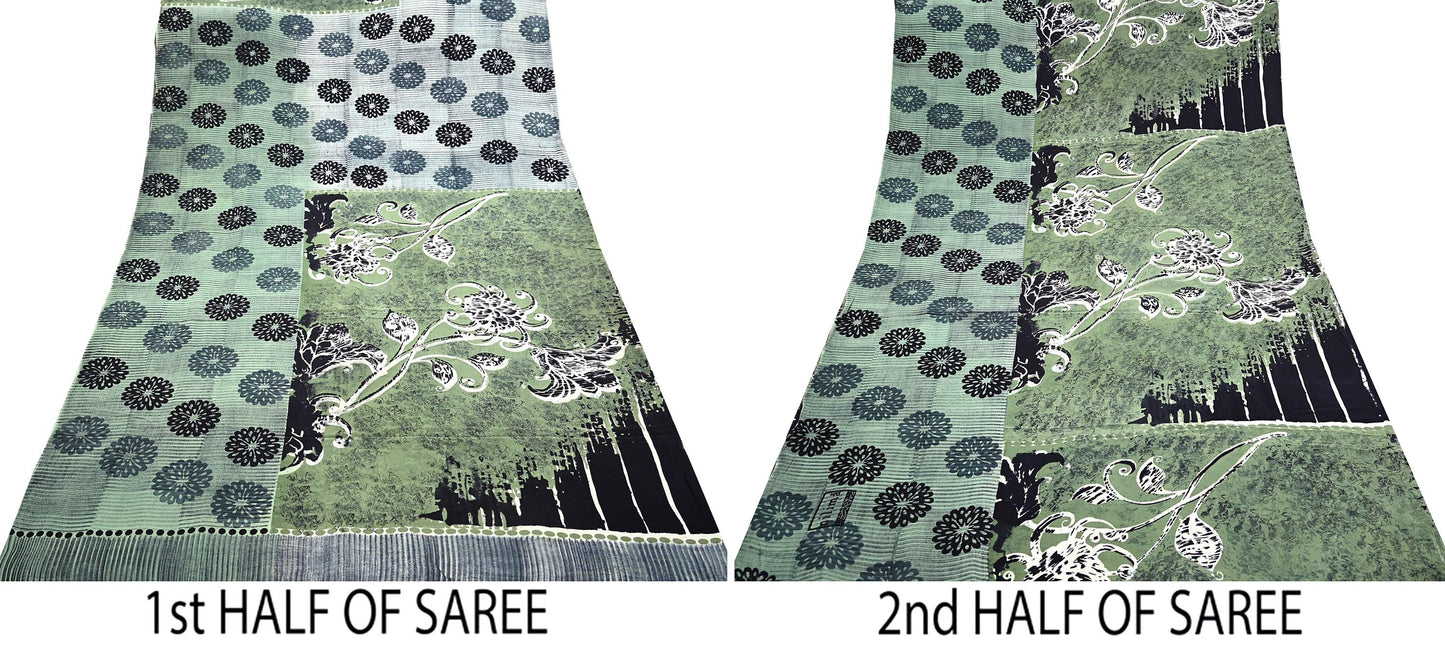 Two halves of a green pure crepe silk saree with floral prints on a white background