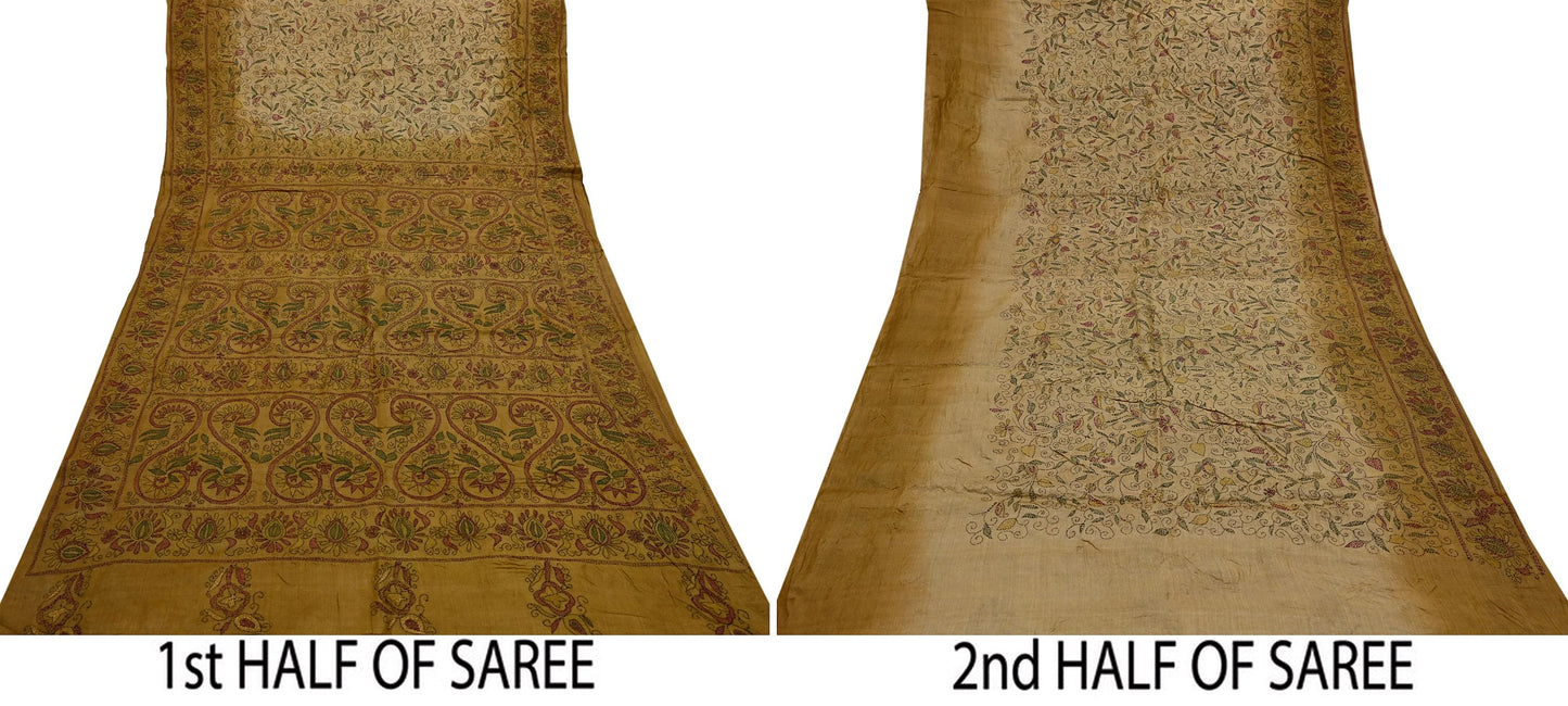 Indian Vintage Beige & Green Saree 100% Pure Silk Hand Embroidered Kantha Sari Fabric 5Yd Sewing Floral Sequin
