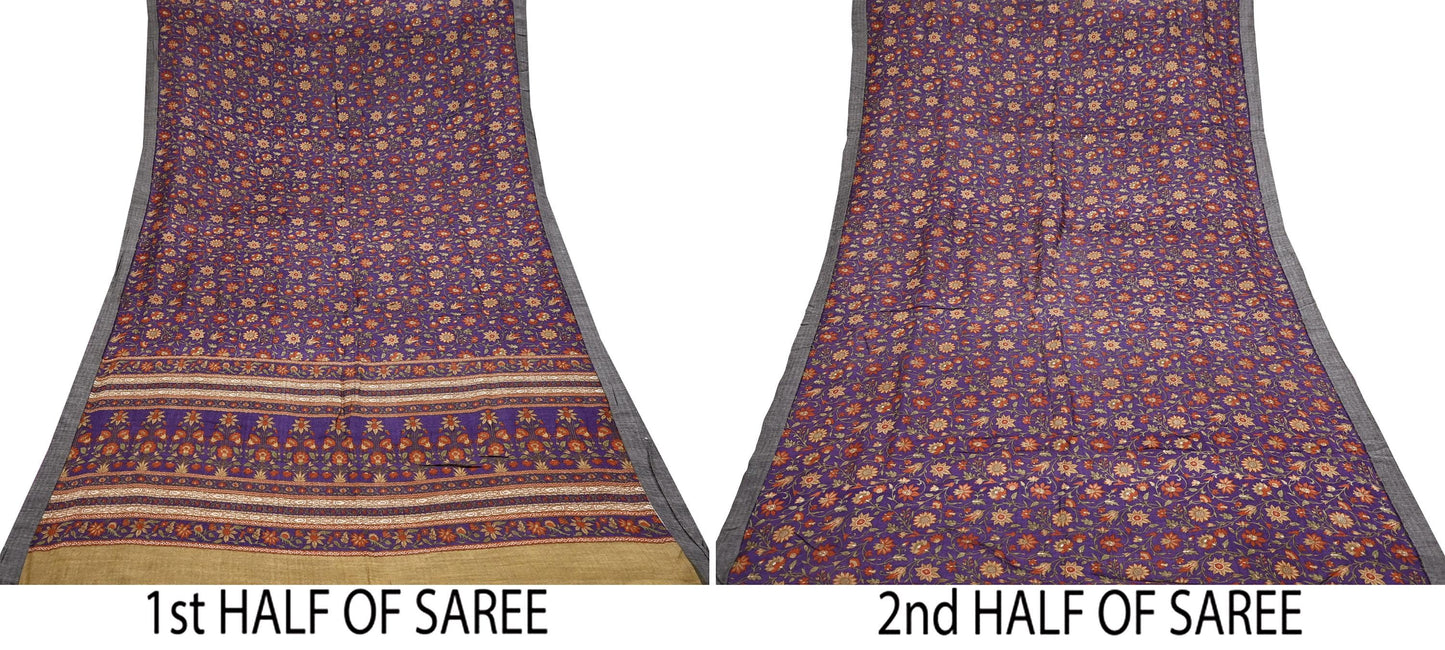 Vintage Purple Green Wool Saree Indian Pure Wool Floral Woven Fabric 6 Yard Soft Warm Craft Material for Winter Dressmaking & Sewing