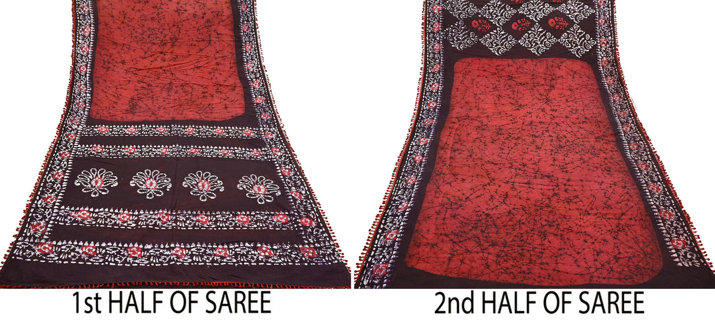 Indian Vintage Sari Red & Brown Batik Printed Saree 100% Pure Cotton 5Yd Craft Fabric Soft Sewing Sarong Wrap Boho Quilting Dress Making