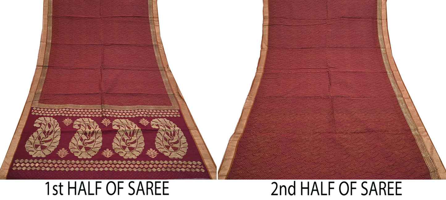 Indian Vintage Sari Maroon Pure Cotton Hand Woven 5Yd Sarees Soft Floral Ethnic Craft Fabric Sewing Dress making Crafting Quilting