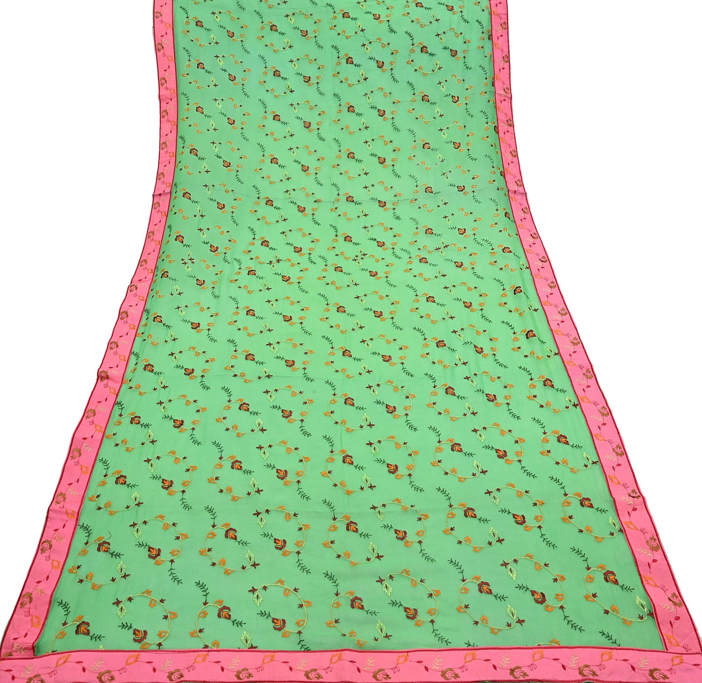 Indian Vintage Dupatta Green Pure Georgette silk Long Stole Embroidered Scarves Veil Wrap Hijab