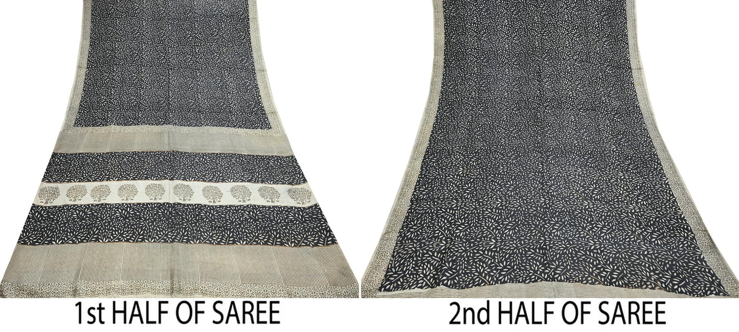 Indian Vintage Black & Ivory Saree Pure Woolen Woven Printed Sari Warm Craft Fabric 5Yd Border Dress making Crafting Designing