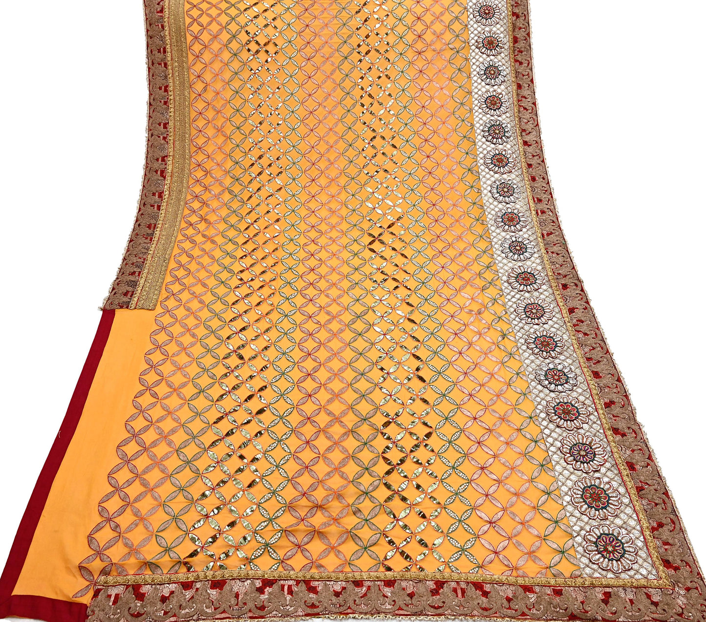 Indian Pre-Owned Heavy Hand Embroidered By Designer Anamika Khanna Dupatta Saffron Pure Georgette Silk Wedding/Party