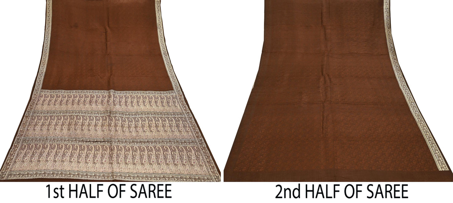 Vintage Brown Banarasi Silk Saree Pure Satin Silk Handwoven Tanchoi Fabric with Paisley Weave 5 Yard Dressmaking Craft Material