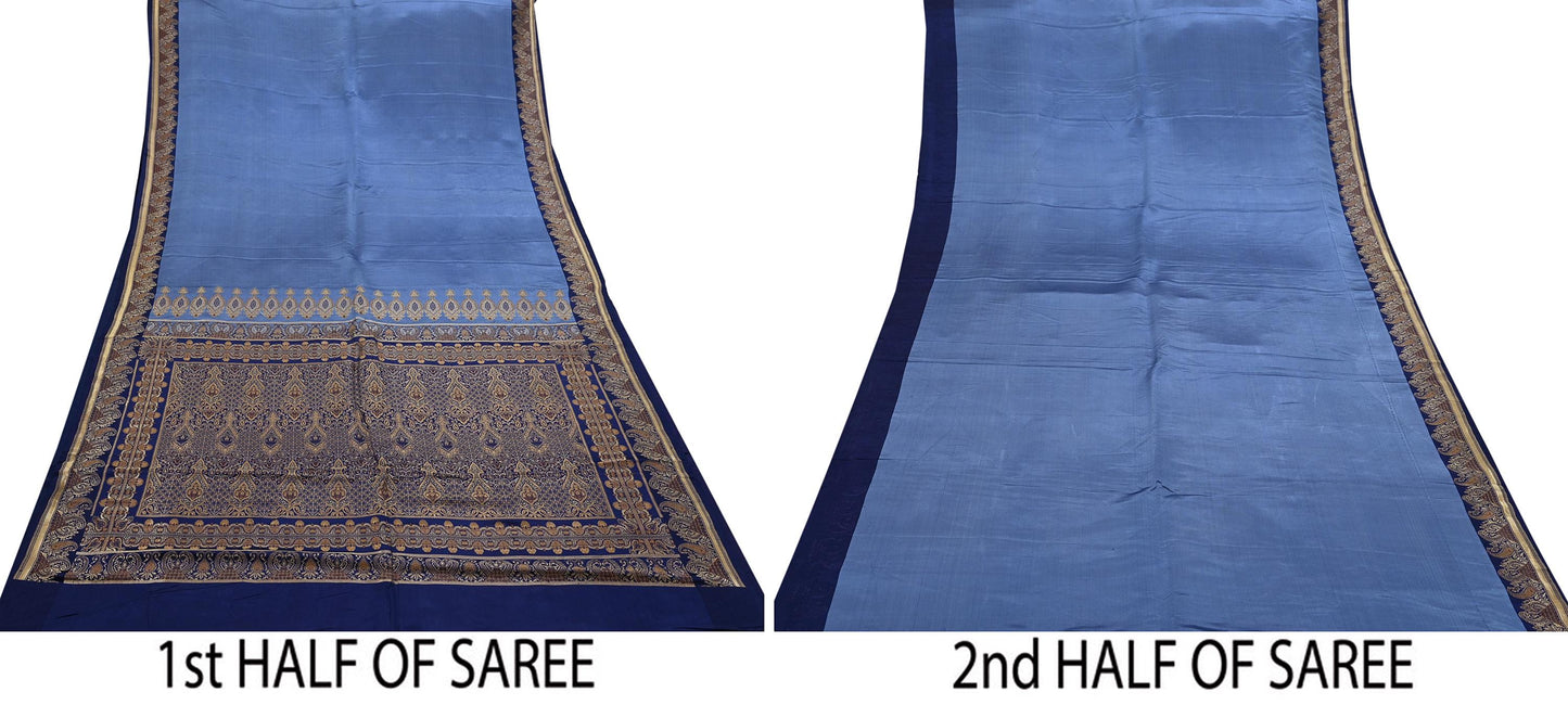 Vintage Blue Banarasi Silk Saree Pure Satin Silk Handwoven Tanchoi Fabric with Floral Weave 5 Yard Dressmaking Craft Material
