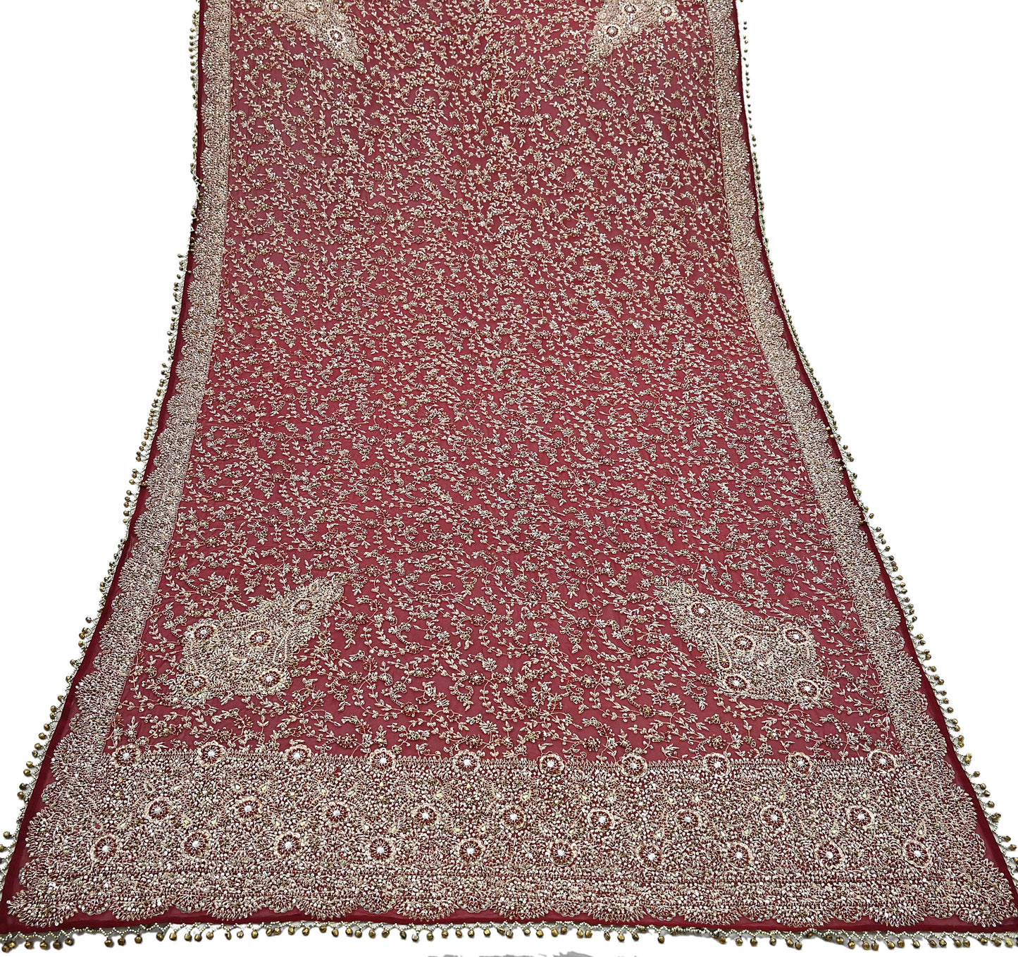 Indian Vintage Heavy Dark Red Bridal Dupatta Pure Georgette Silk Hand Embroidered Zardozi, Dabka, Zari Work Party Wear Long Stole