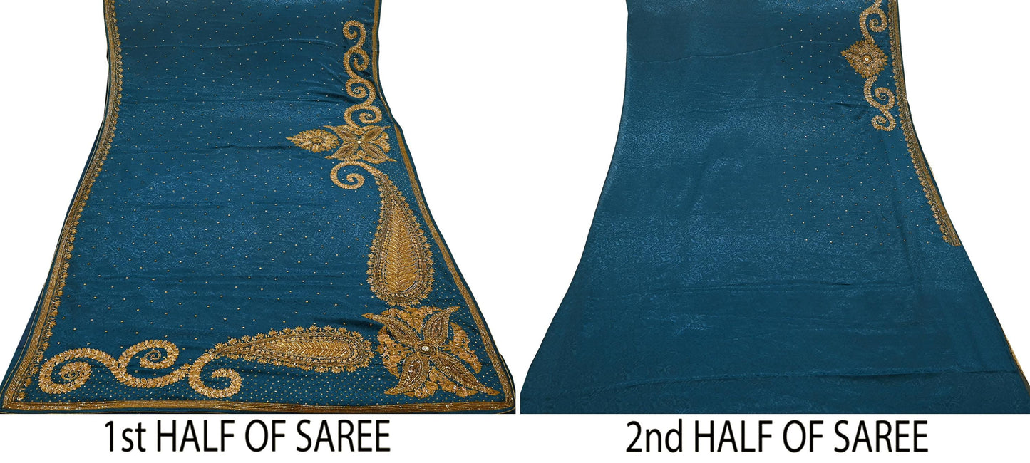 Indian Vintage Heavy Sari Teal Blue Pure Crepe Silk Hand Embroidered Sarees Craft Fabric 5Yd Sewing Zardozi Dress making With Blouse Pcs