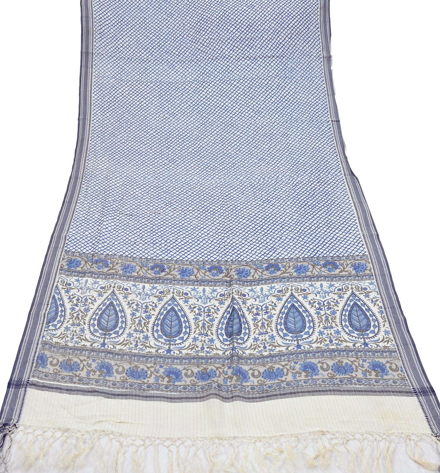 Indian Vintage Ivory & Blue Dupatta Long Stole Block Print Pure Cotton Silk Scarves Veil Soft Floral Design