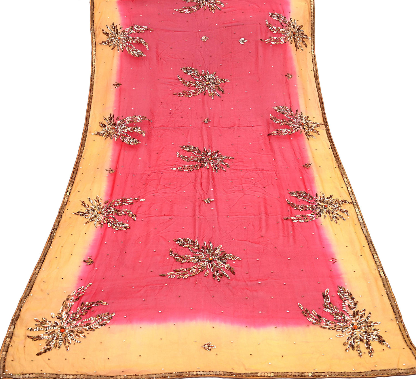 Indian Vintage Red & Saffron Dupatta Pure Georgette silk Long Stole Hand Embroidered Mukesh Scarves Stole Veil Wrap Sequins