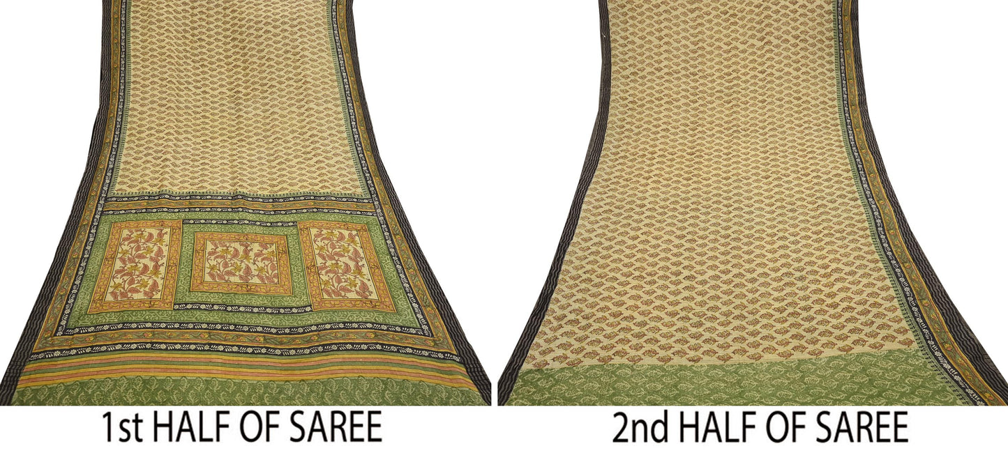 Vintage Green Beige Wool Saree Indian Pure Woolen Woven Floral Fabric 6 Yard Soft Warm Craft Material for Winter Sewing & Dressmaking