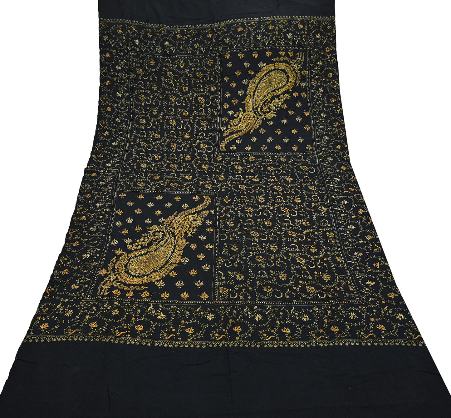Indian Vintage Black Shawl Pure Woolen Handmade Suzani Long Throw Stole Warm Floral Design Soft Cozy