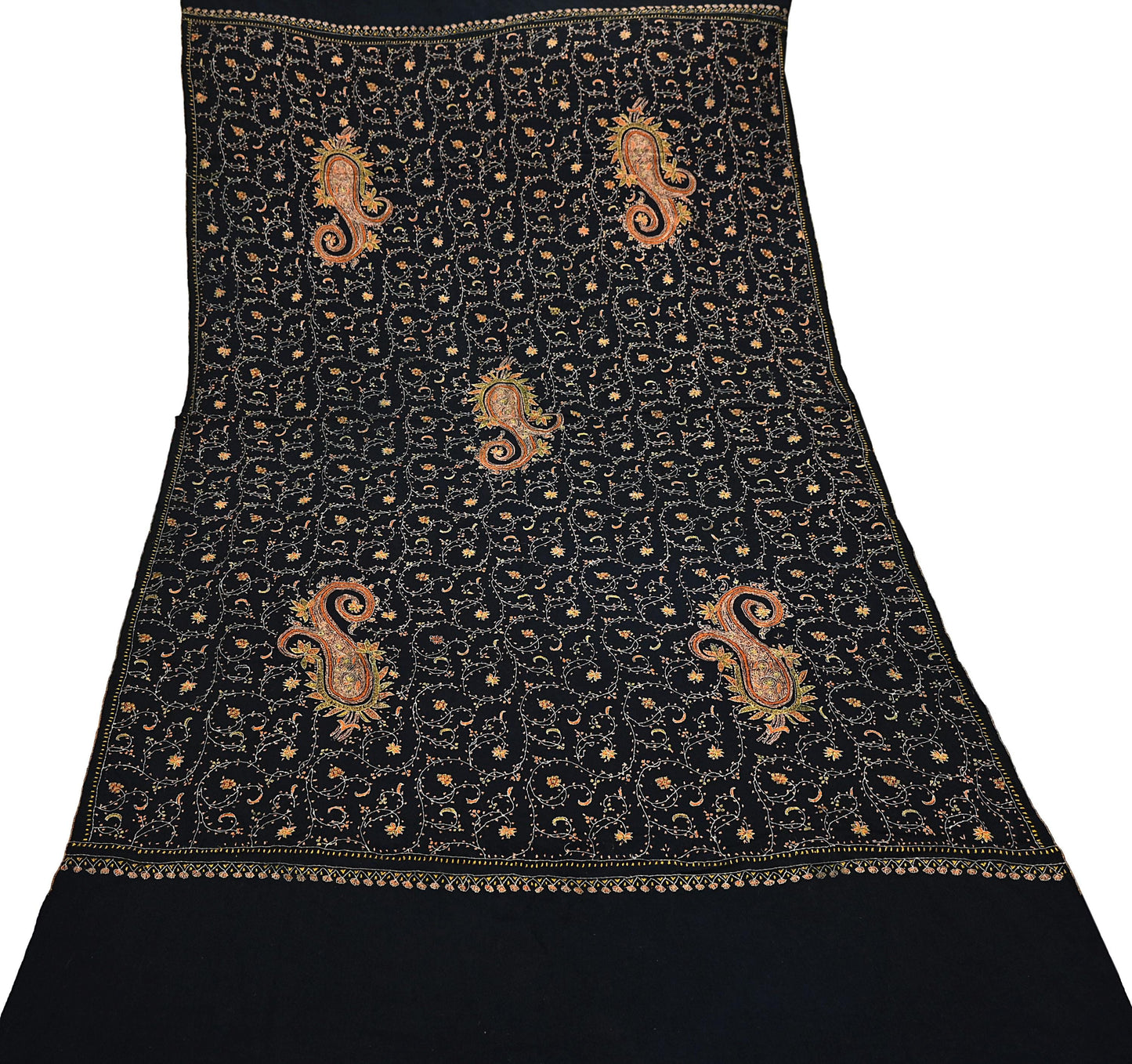 Indian Vintage Black Shawl Pure Woolen Handmade Suzani Long Throw Stole Warm Floral Design Soft Cozy