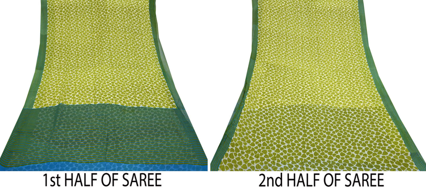 Indian Vintage Sari Ivory & Green Pure Georgette Silk Printed Sarees 6Yd Craft Fabric Sewing Quilting Crafting Dress Making