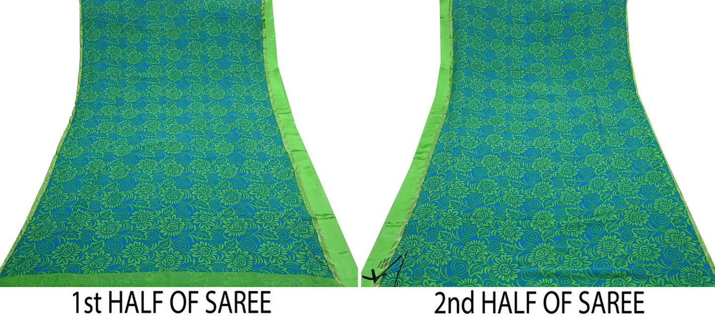 Indian Vintage Sari Blue & Green Pure Georgette Silk Printed Sarees 5Yd Craft Fabric Sewing Quilting Crafting Dress Making