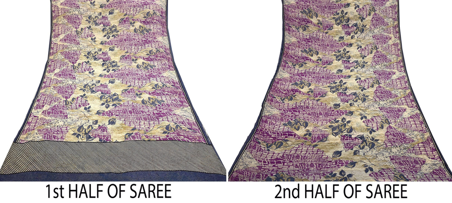 Women Vintage Sari Beige & Purple Pure Georgette Silk Printed Saree Craft Fabric Sewing 5Yard Soft Light Dress Making Floral