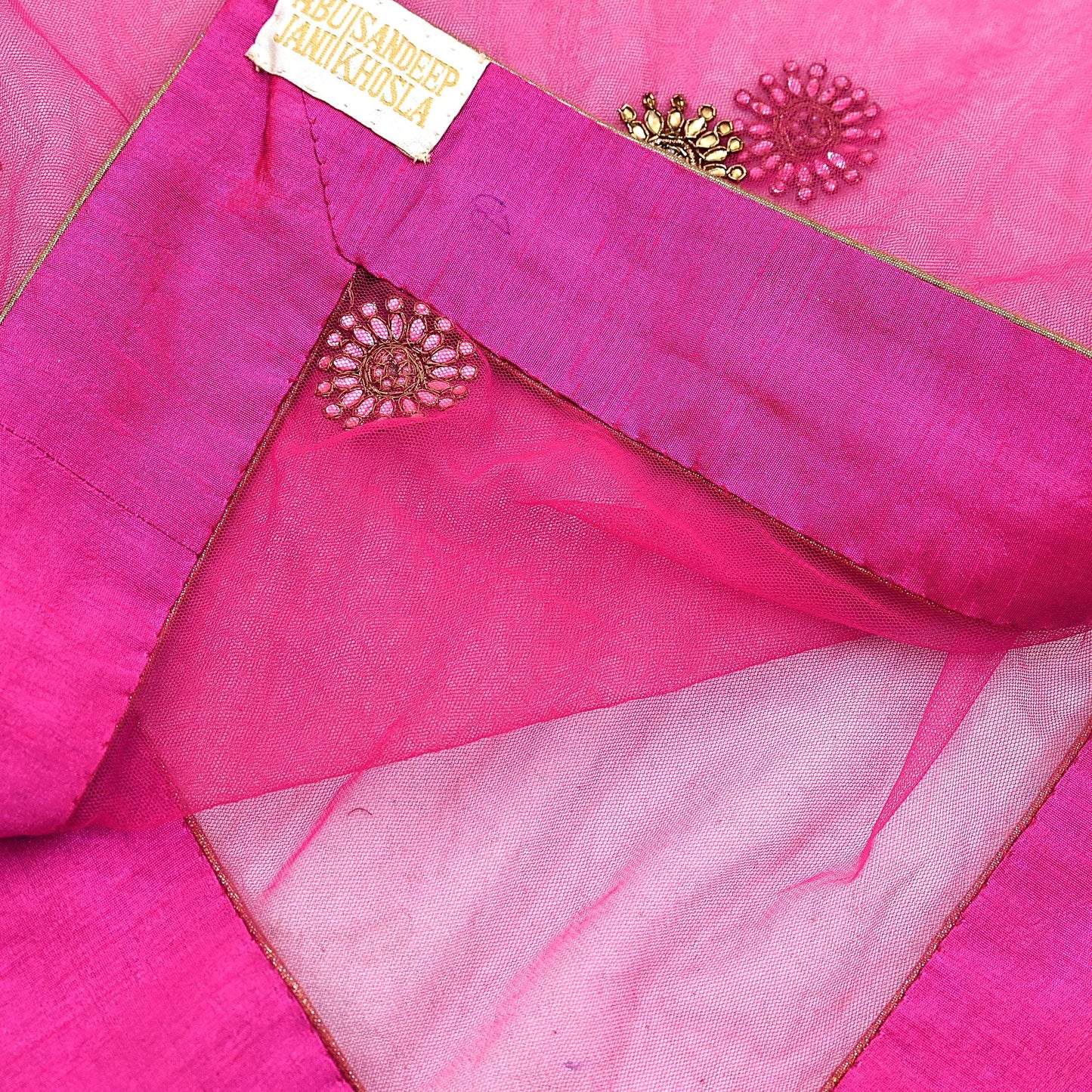 Indian Designer Abu Jani Dupatta Rani Pink Net Mesh Hand Embroidered Zardozi Dabka Bridal Veil Preowned Heavy Scarf