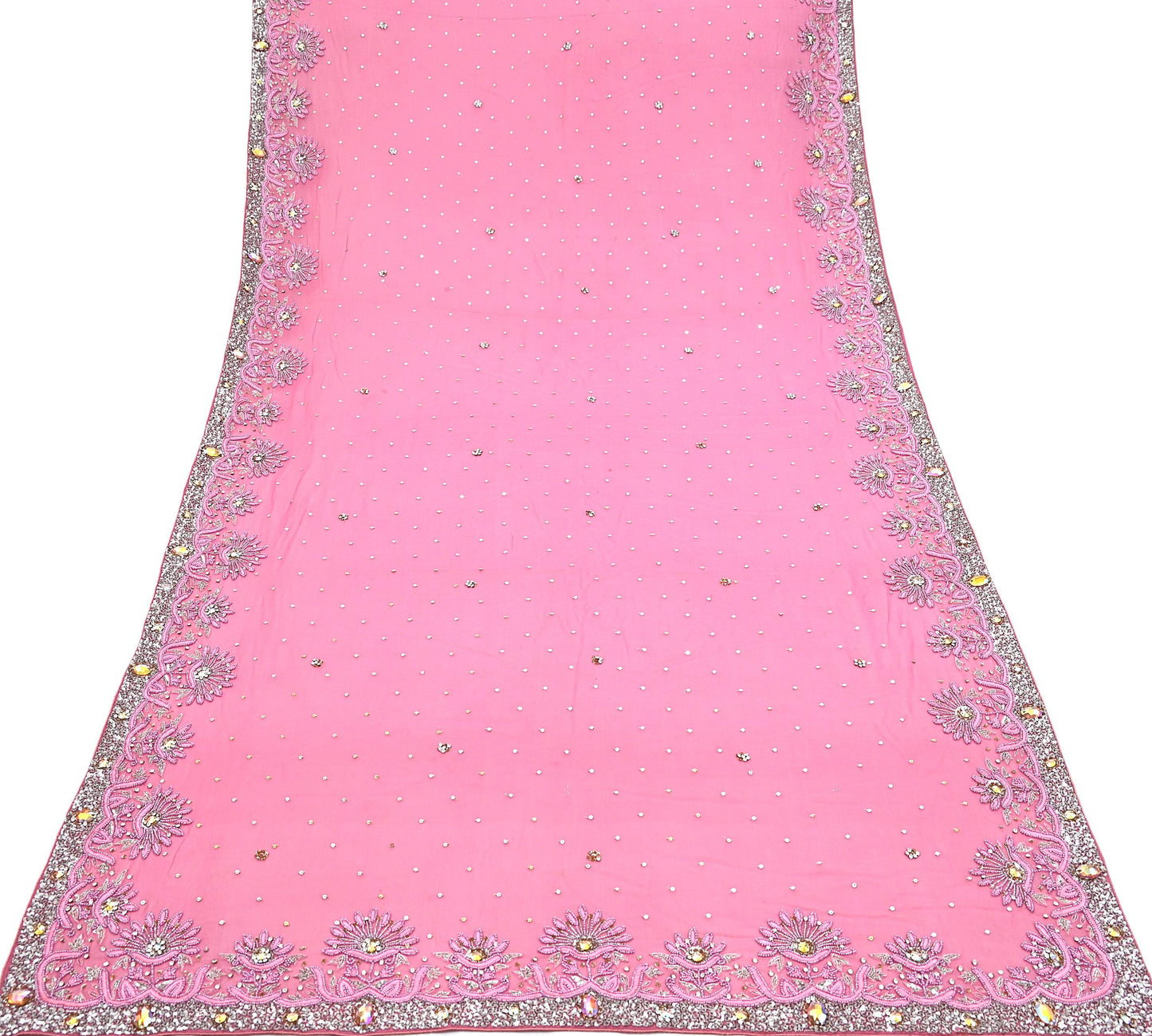 Indian Vintage Heavy Pink Bridal Dupatta Pure Georgette Silk Hand Embroidered Zardozi, Dabka, Zari Work Party Wear Long Stole