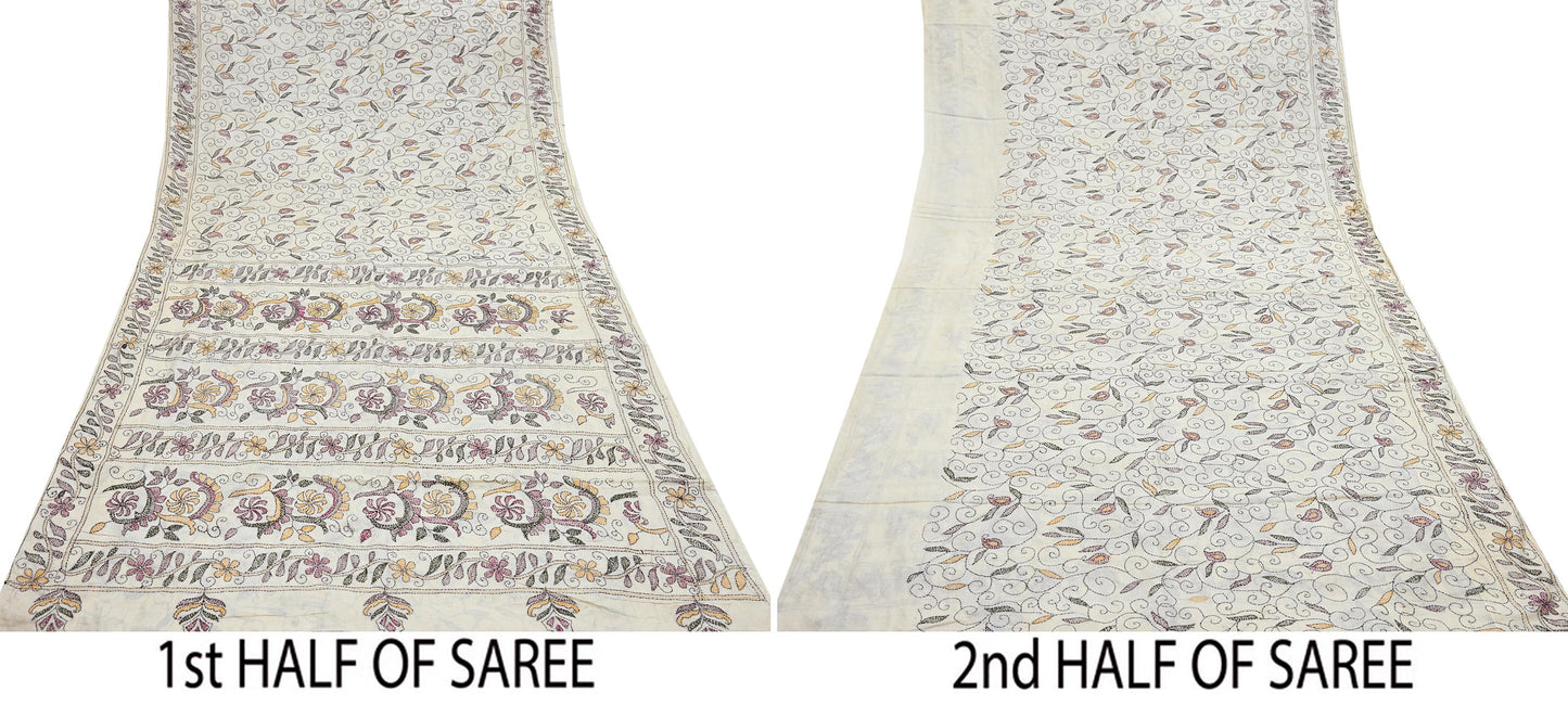 Indian Vintage Ivory Saree 100% Pure Silk Hand Embroidered Kantha Sari Fabric 5Yd Sewing Floral Sequin