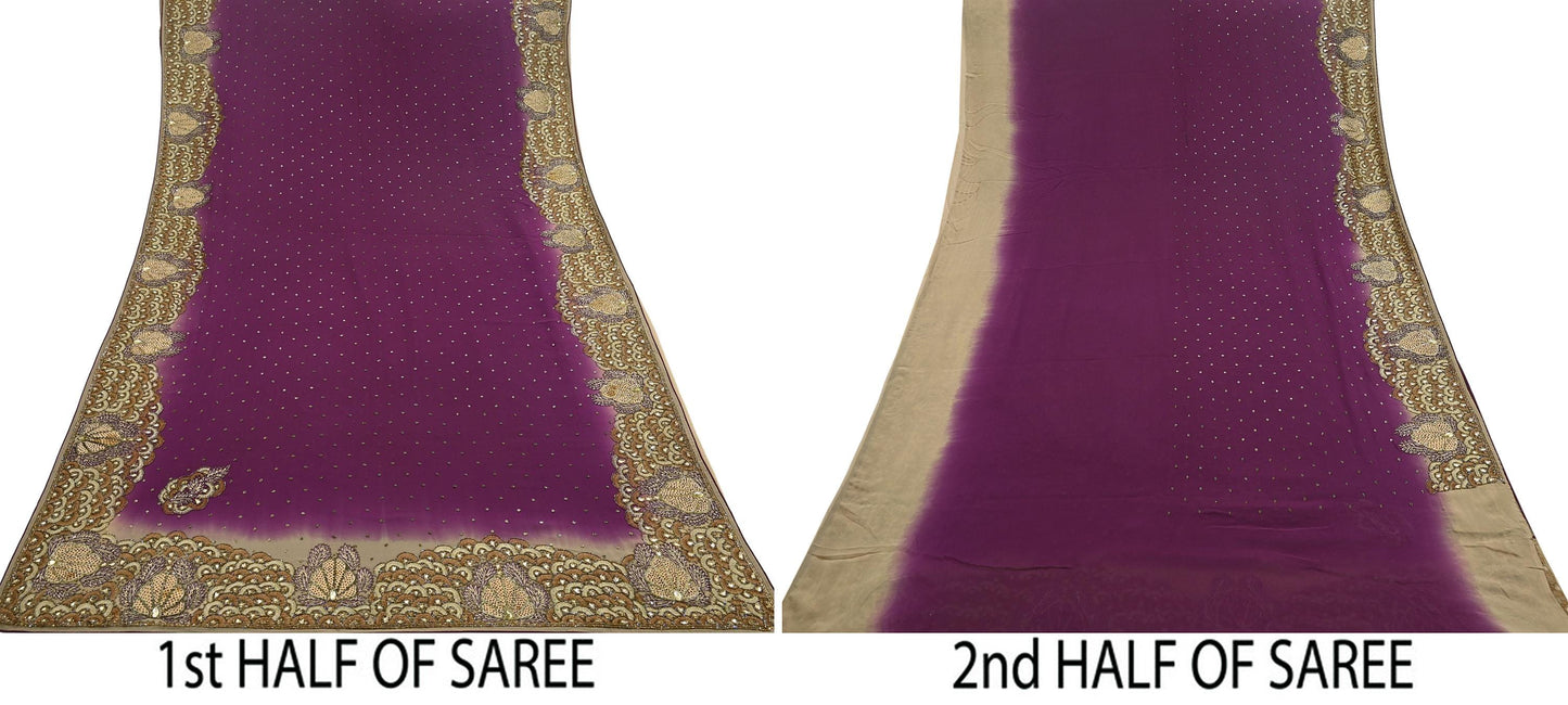 Indian Vintage Heavy Sarees Purple & beige Pure Georgette Silk Hand Embroidered Sari Fabric 5Yd Sewing Ethnic Zardozi zari Wedding sarees