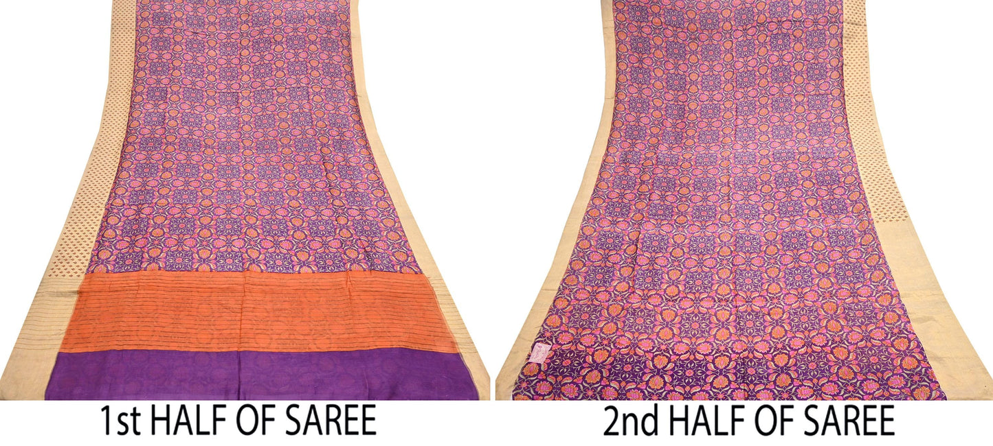 Vintage Purple orange Pure Khadi Silk Saree 5Yd Handloom Indian Sari Soft Fabric Sustainable Craft Textile Boho Dressmaking Material