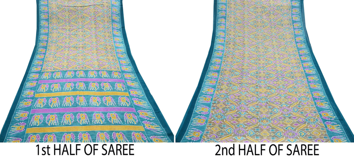 Indian Vintage Sari Beige & Green Pure Cotton Printed Sarees Craft Fabric Soft 5Yd Sarong Wrap Boho Fabric Kimono Quilting Crafting Upcycle