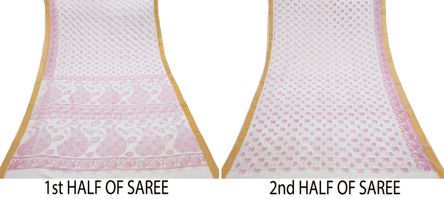 Indian Vintage Sari White & pink Printed 100% Pure Cotton Sarees Craft Fabric 5Yd Sewing Sarong Wrap Boho Quilting Crafting zari border