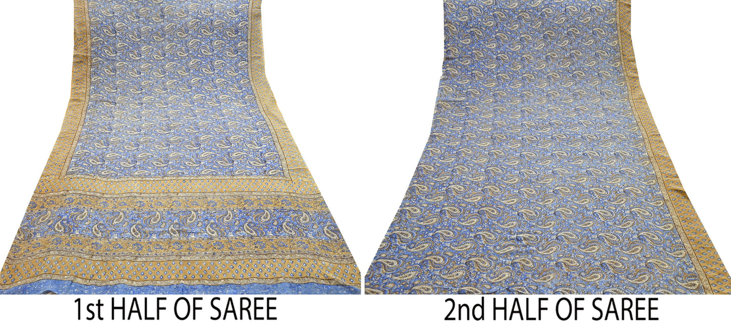 Women Vintage Sari blue beige 100% Pure Georgette Silk Block Printed Saree Craft Fabric Sewing 5Yard Soft Sari Dress Making