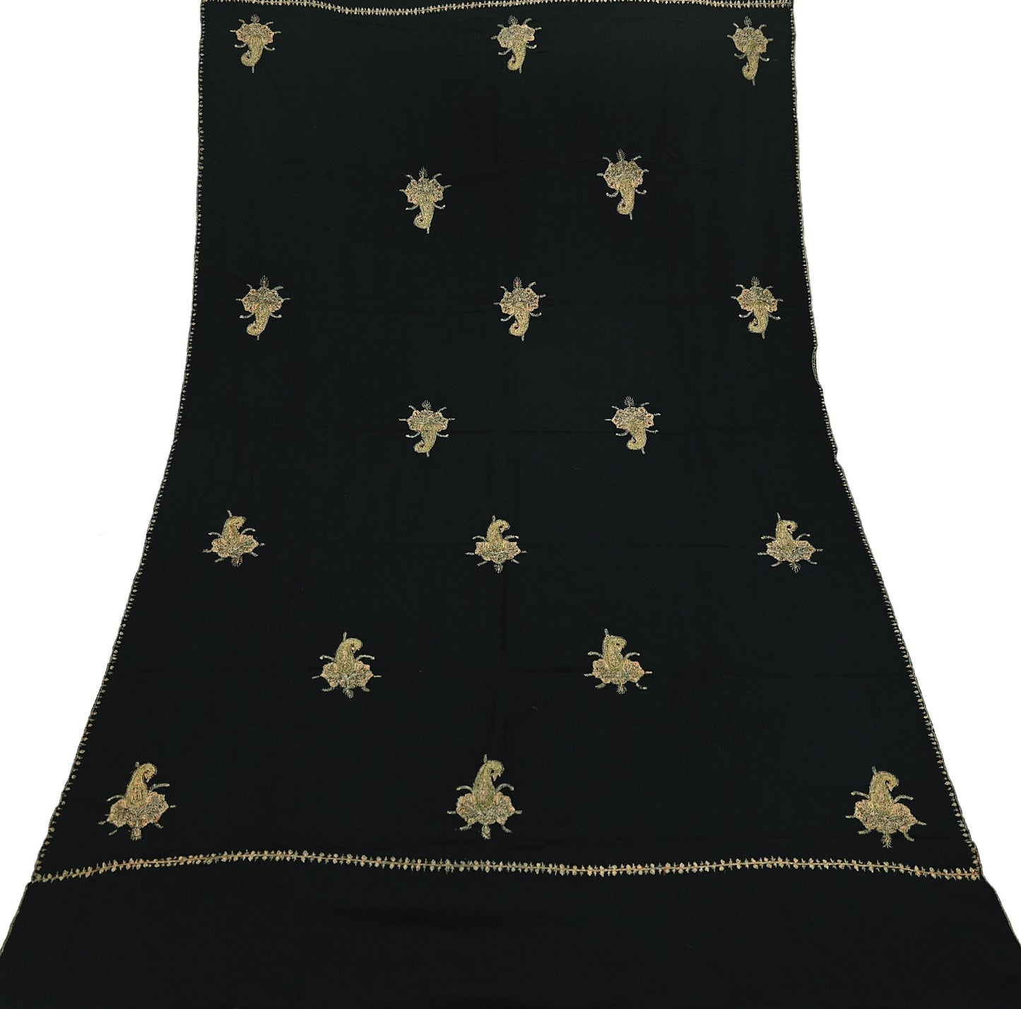 Indian Vintage Black Shawl Pure Woolen Handmade Suzani Long Throw Stole Warm Floral Design Soft Cozy